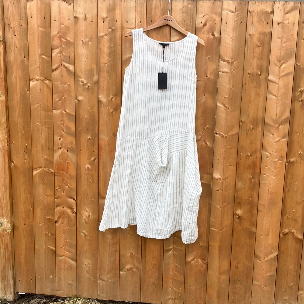 Kokomarina White and Taupe Striped Linen Dress